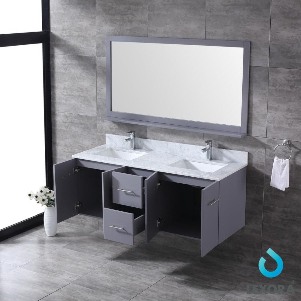 Amelie 60" Dark Grey Double Vanity Carrara Marble Top Sinks and 60" Wall Mirror