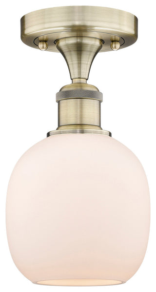 Belfast-1 Light 6" Flush Mount-Antique Brass, Matte White Glass Shade