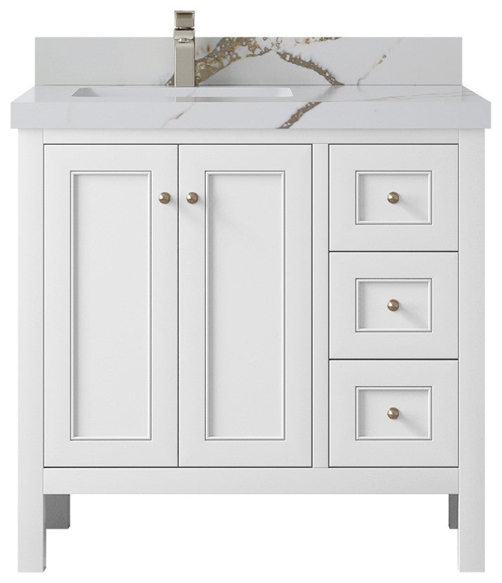 Nashville 36" Left Offset Bath Vanity, White 2" Calacatta Gold
