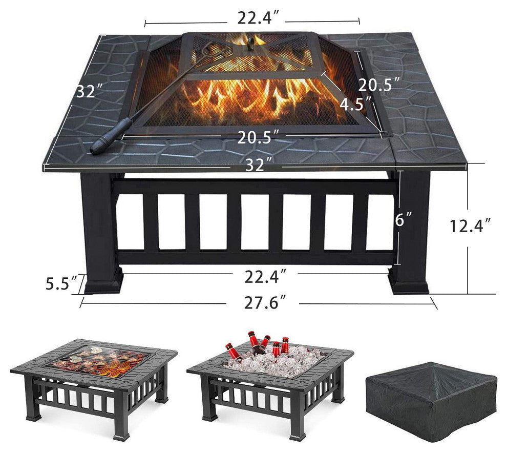 32" Gray Square Charcoal or Wood Burning Fire Pit With Cover