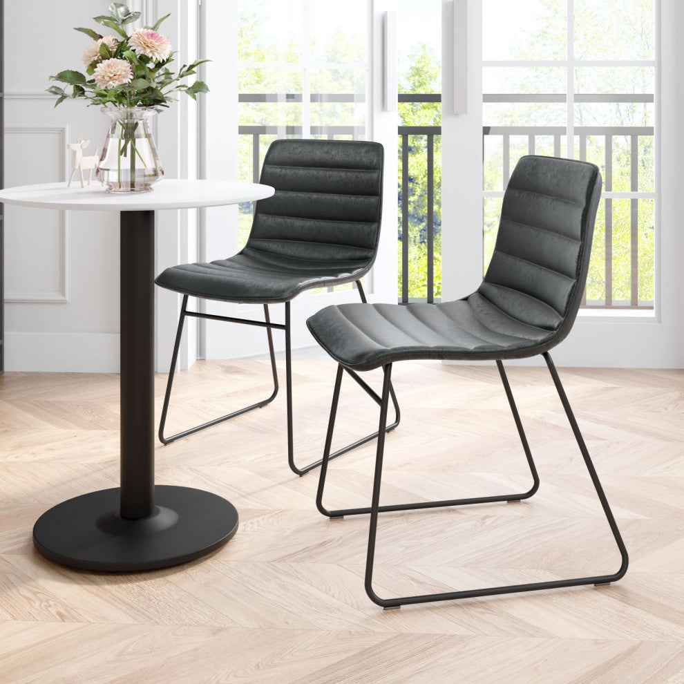 Dining Chair, Set of 2, Faux Vinyl Leather, Steel, Vintage Black, Cafe Bistro