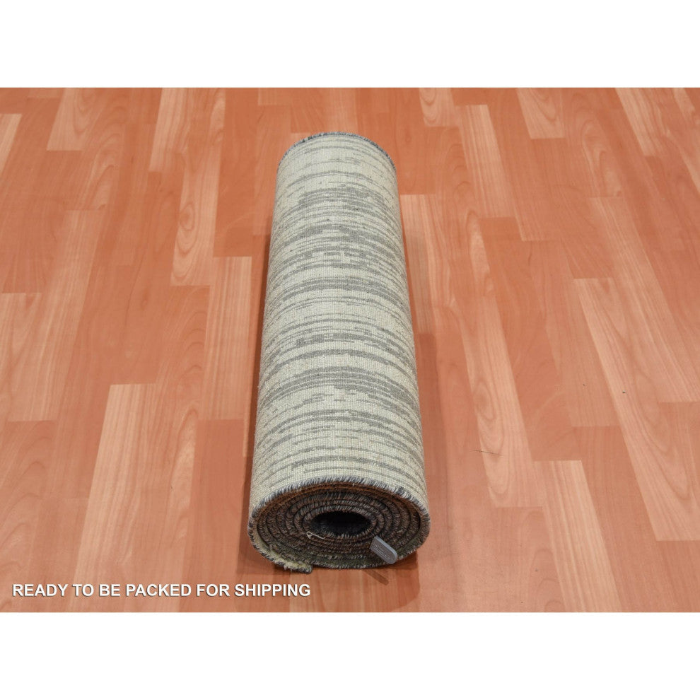Gray and Blue Pure Wool Hand Knotted Modern Ombre Design Runner Rug, 2'6"x10'2"