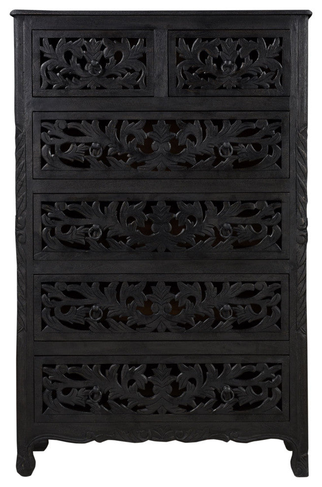 Delaney Carved Tall Chest, Distressed Black