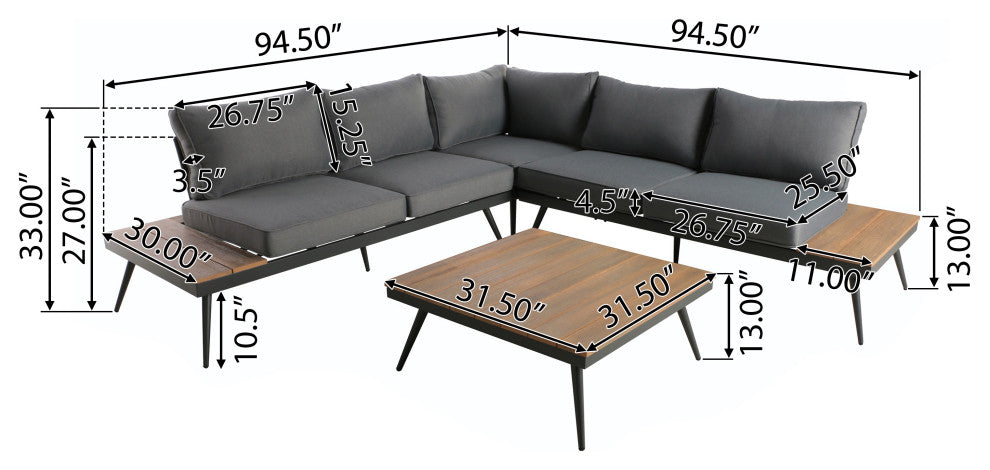 GDF Studio Deborah Outdoor Faux Wood and Aluminum V-Shaped 5 Seater Sofa Set, Natural Finish/Gray