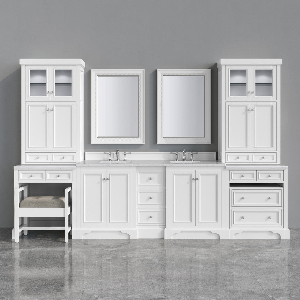 De Soto 132" Bright White Double Vanity Suite, 3cm Jasmine Pearl Top