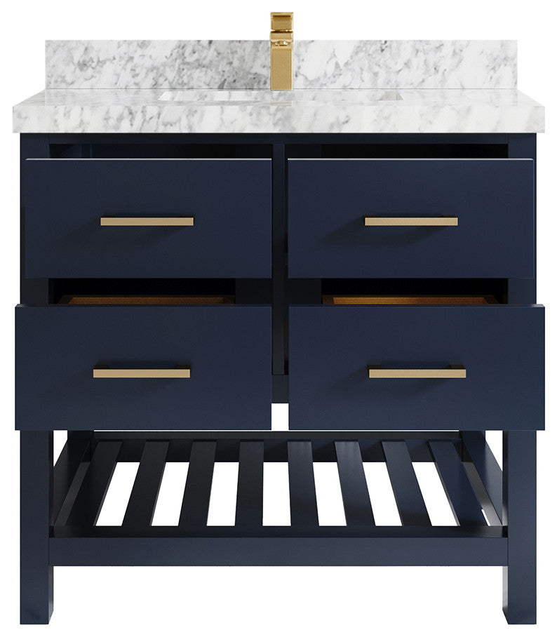 Parker 36 Single Sink Bath Vanity in Navy Blue  2" Carrara Marble