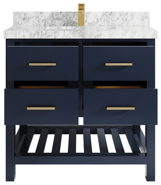 Parker 36 Single Sink Bath Vanity in Navy Blue  2" Carrara Marble