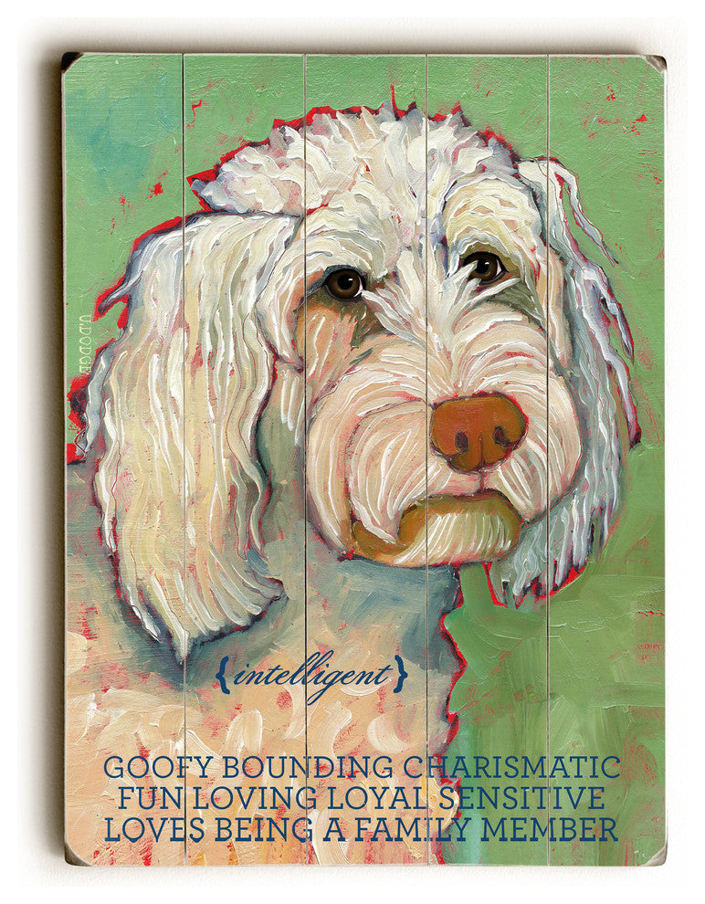 "Goofy Bounding Fun Loving", Planked Wood Wall Decor By Ursula Dodge, 25"x34"