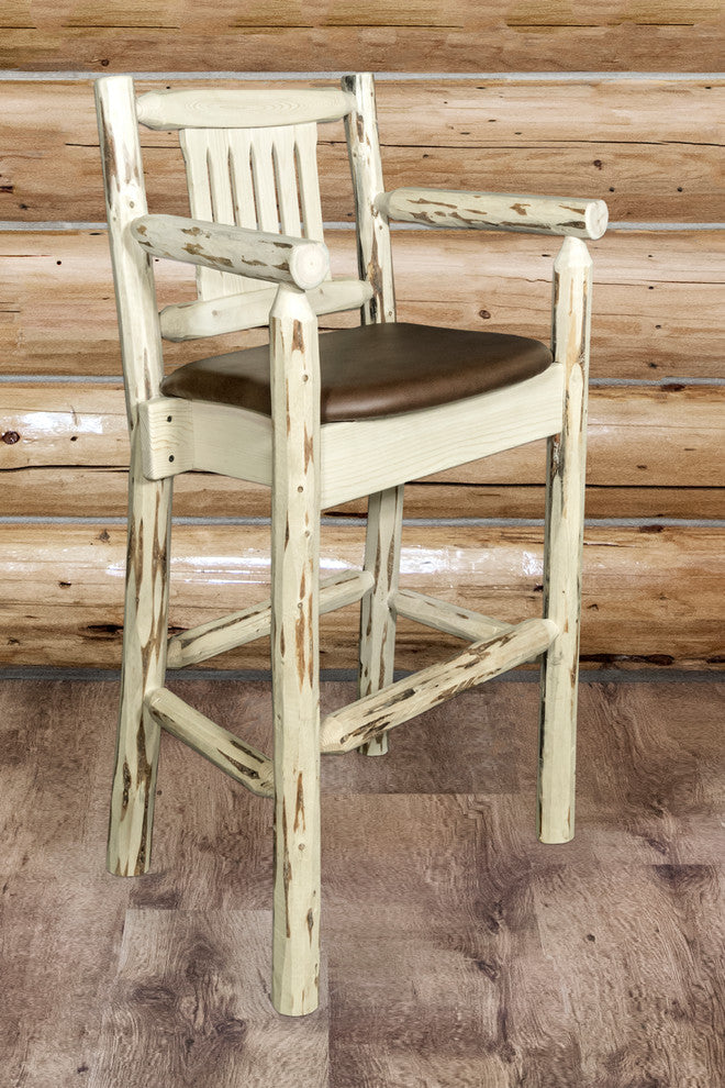 Captain's Barstool, Clear Lacquer Finish With Upholstered Seat, Saddle Pattern
