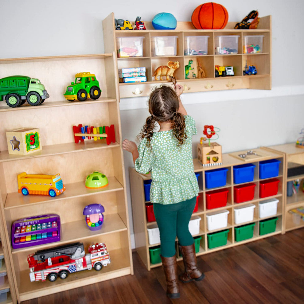 10 Section Wood Cubbies Storage, Red Bins, Wall Hanging Organizers
