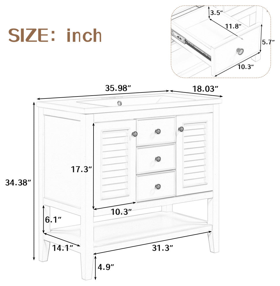 36" Freestanding Bath Vanity Set, Integrated Ceramic Sink, White