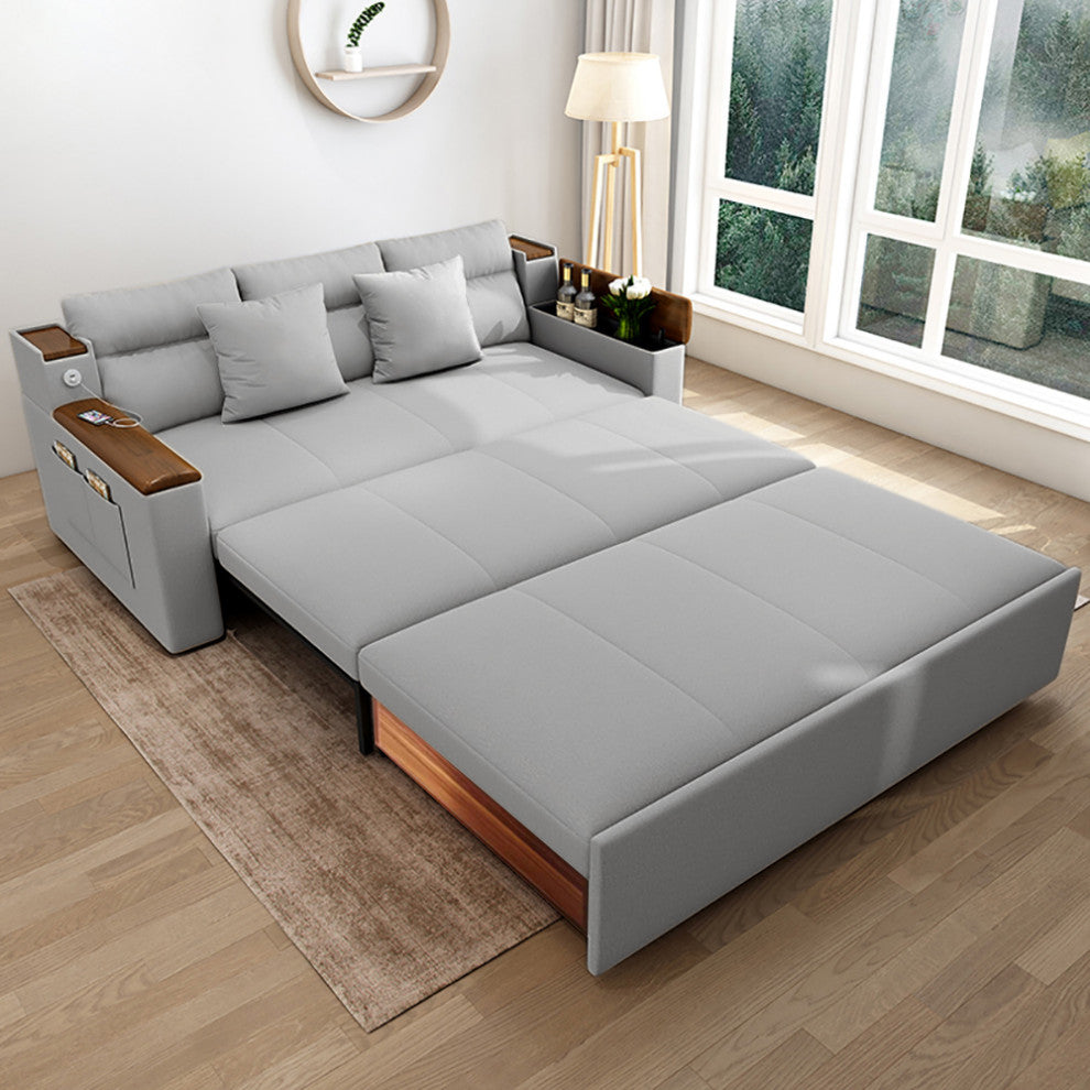 83" Full Sleeper Sofa Linen Convertible Bed With Storage, Light Gray