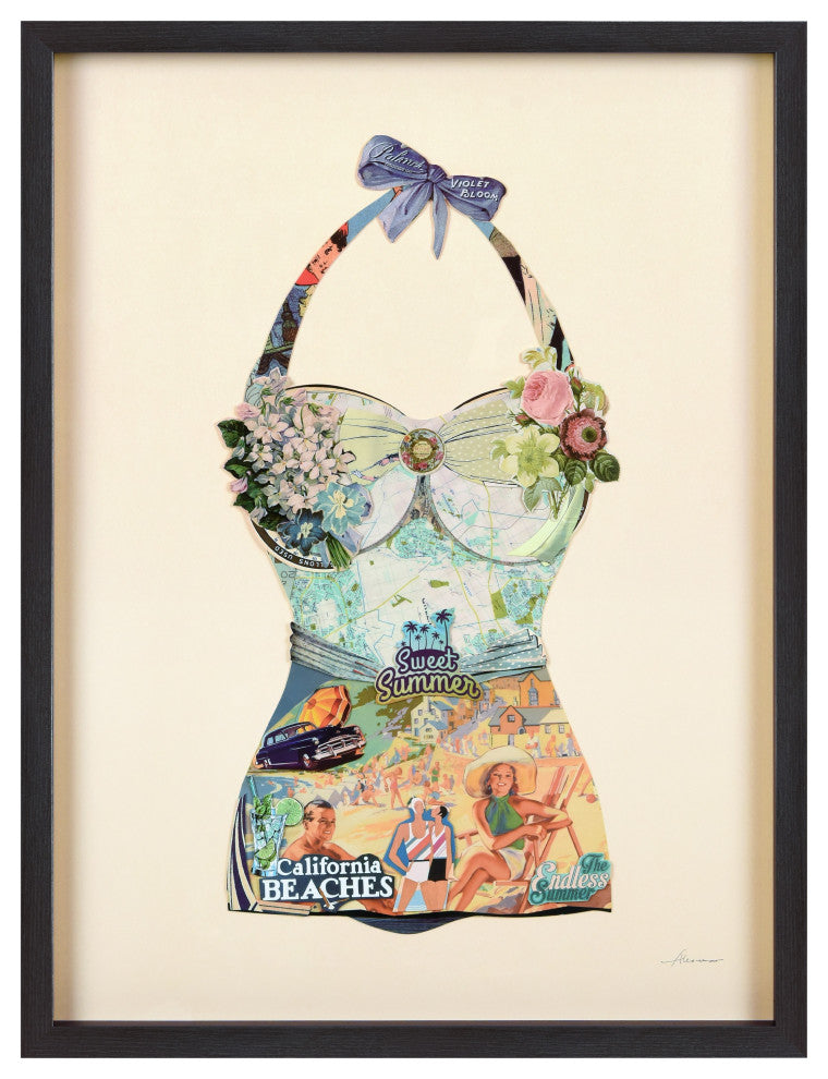 "California Beach" Handmade Dimensional Collage Framed Wall Art Under Glass Art