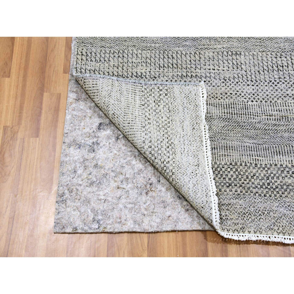 Metallic Gray Grass Design Undyed Wool Hand Knotted Wide Runner Rug 4'1"x12'1"