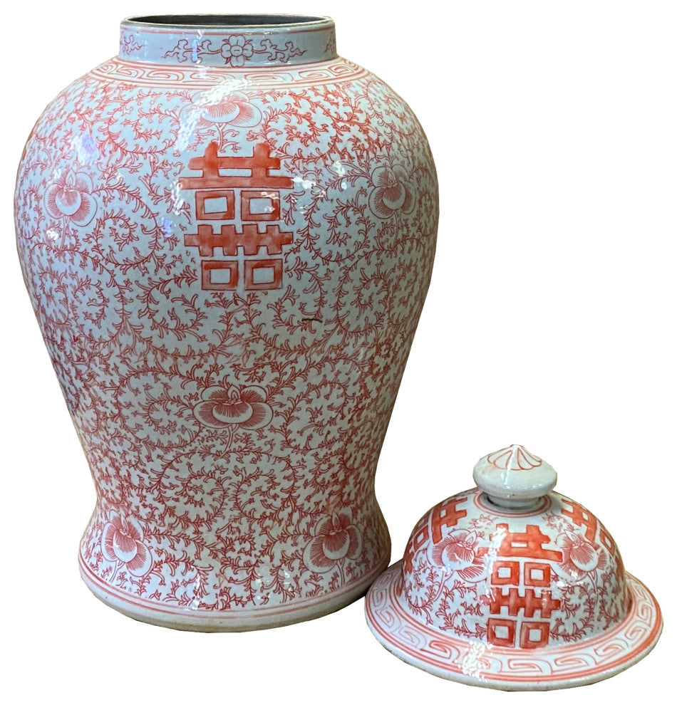 Chinese Coral Pink Red White Double Happiness Large Temple Jar Hcs7416