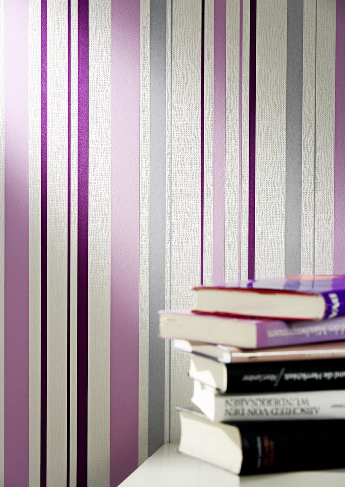 Happy Hour, Modern Fresh Trendy Bloom Lines Retro White, Violet Wallpaper Roll