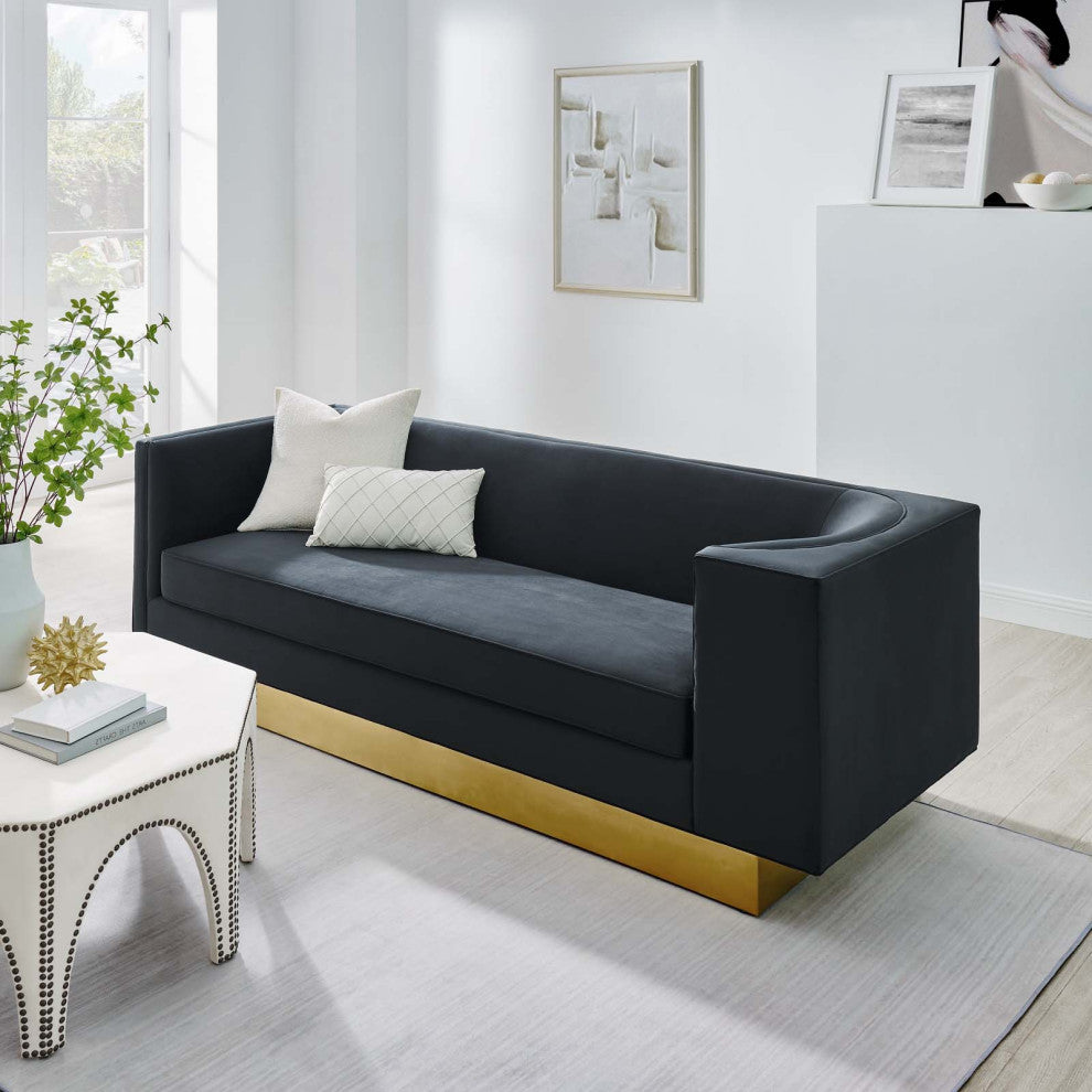 Sofa, Black, Velvet, Modern, Mid Century Living Hotel Lounge Cafe Lobby