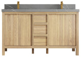Elizabeth Oak 60" Double Sink Vanity, White 2" Piatra Gray