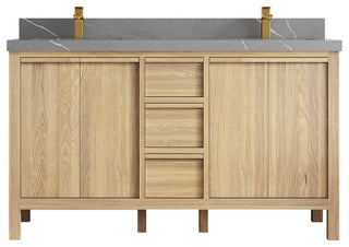 Elizabeth Oak 60" Double Sink Vanity, White 2" Piatra Gray