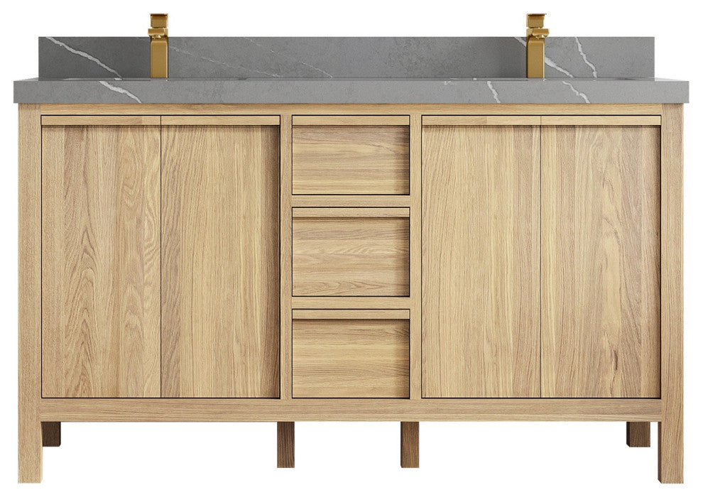 Elizabeth Oak 60" Double Sink Vanity, White 2" Piatra Gray