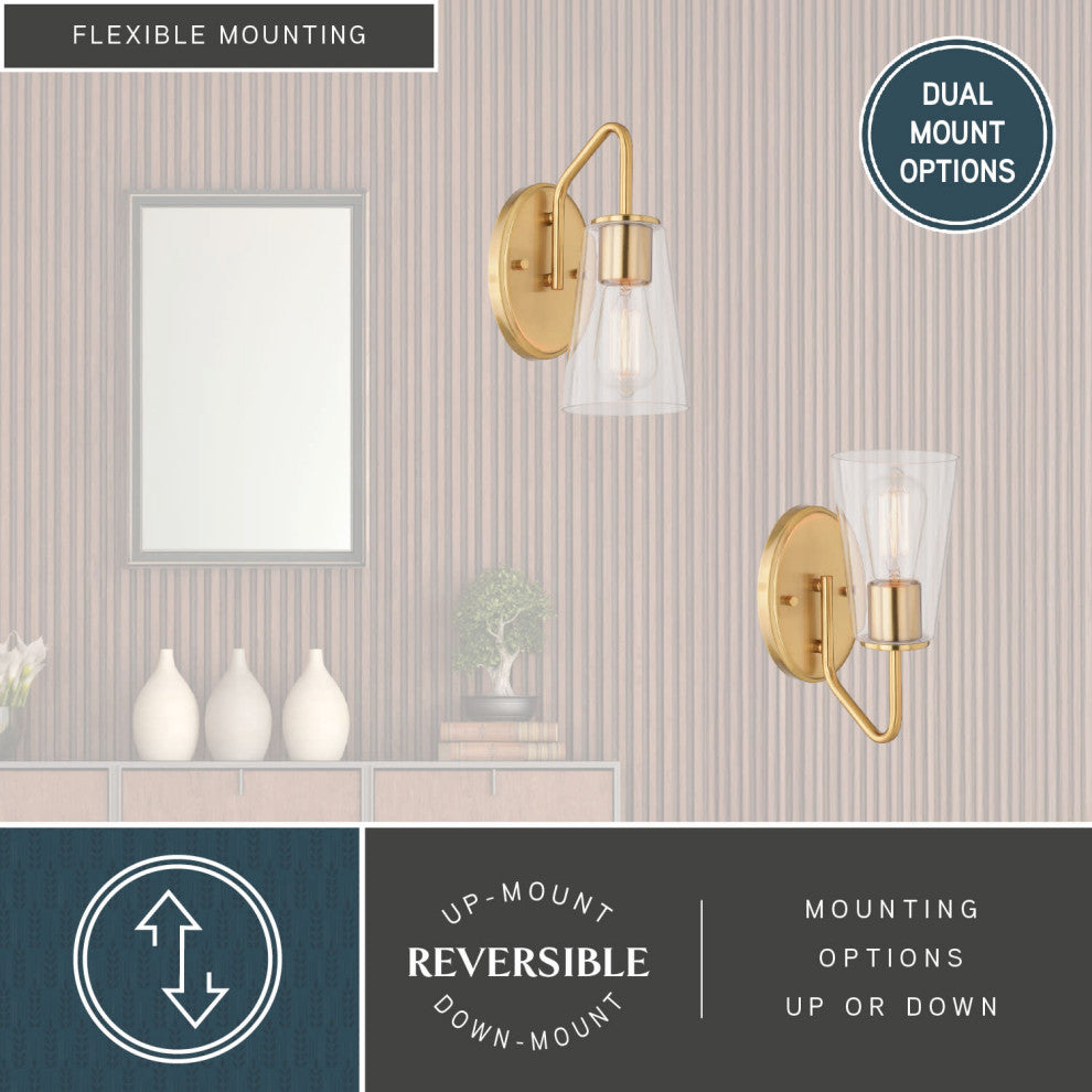 Beverly 1 Light Gold Muted Brass Bathroom Vanity Wall Sconce Fixture Clear Glass