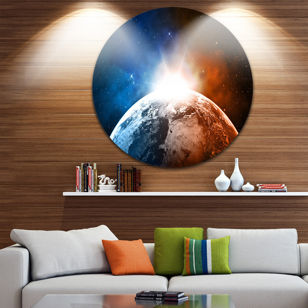 Planet With Sunrise In Space, Contemporary Disc Metal Wall Art, 36"