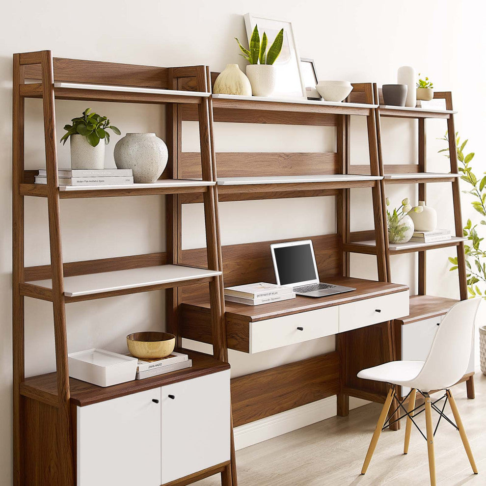 Bixby 3-Piece Wood Office Desk and Bookshelf, Walnut White