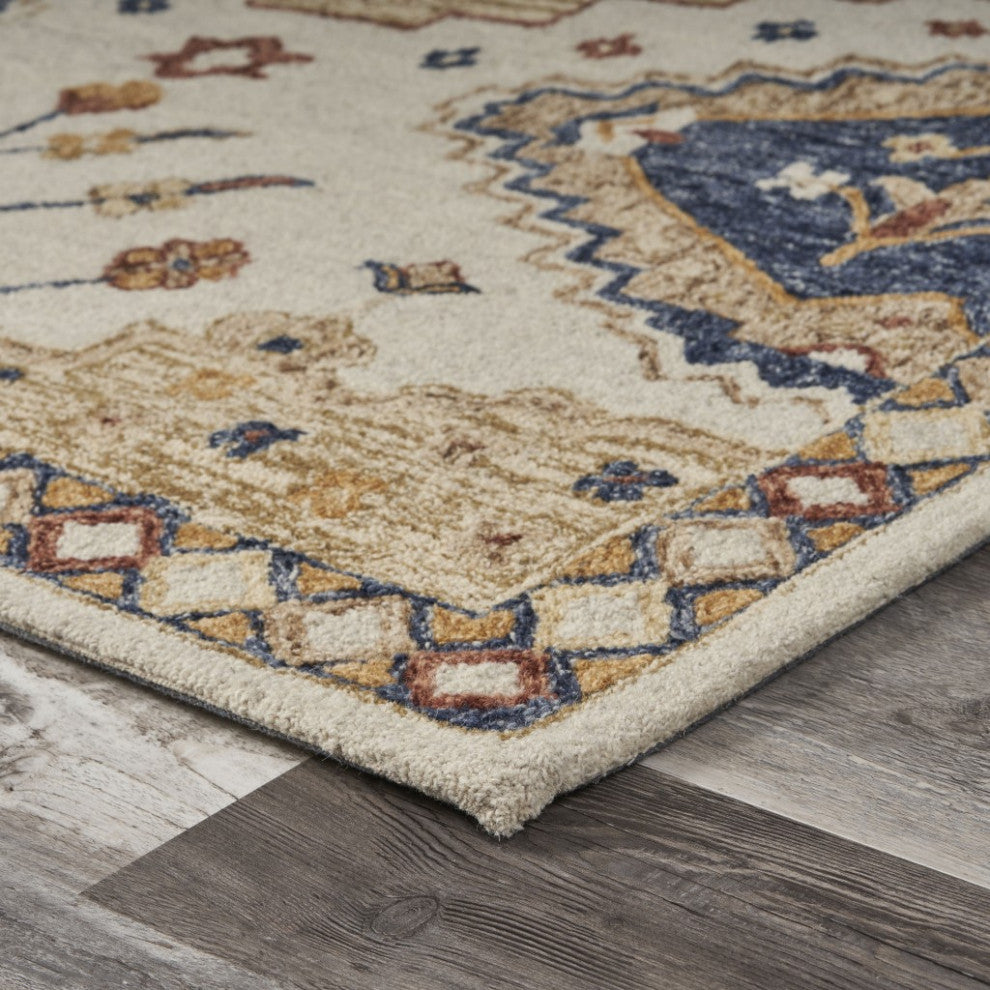 5" x 7' Gold and Blue Boho Chic Area Rug