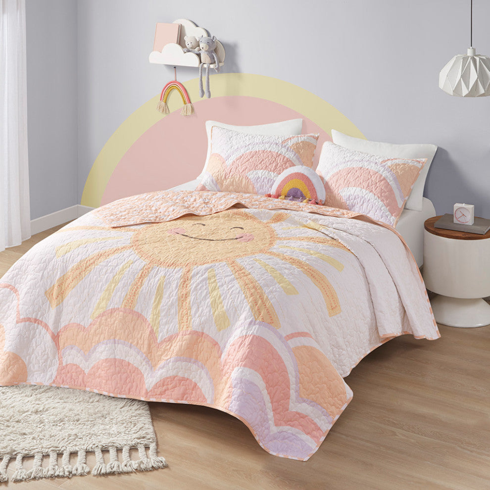 UrbanHabitat Kids Reversible Sunshine Printed Cotton Quilt Set With Throw Pillow
