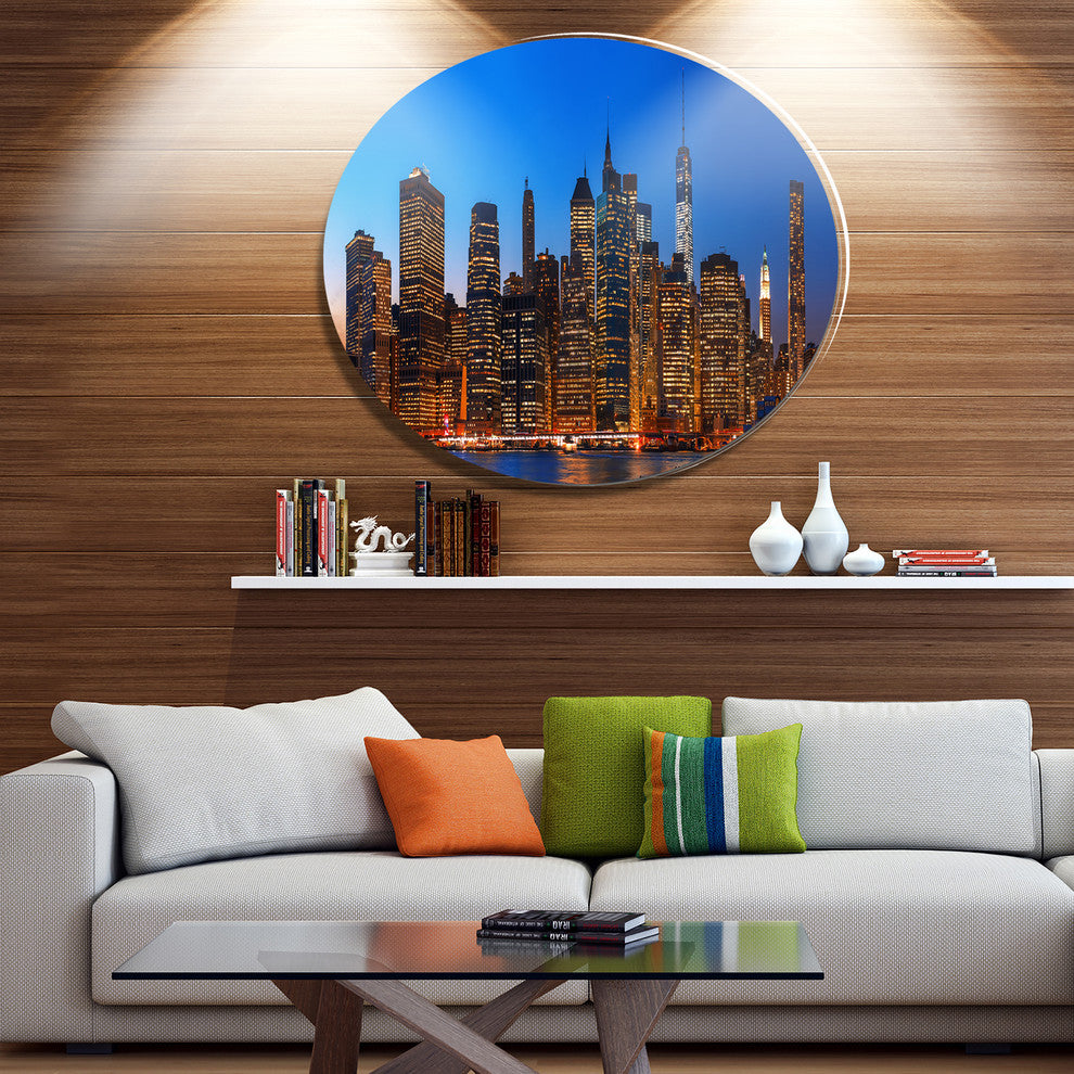 Night New York City Panorama, Cityscape Wall Disc Metal Wall Art, 11"