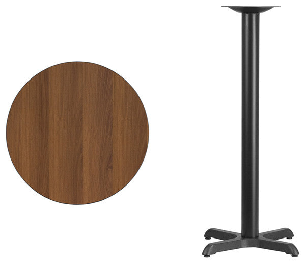 24" Round Walnut Laminate Table Top With 22"x22" Bar Height Table Base