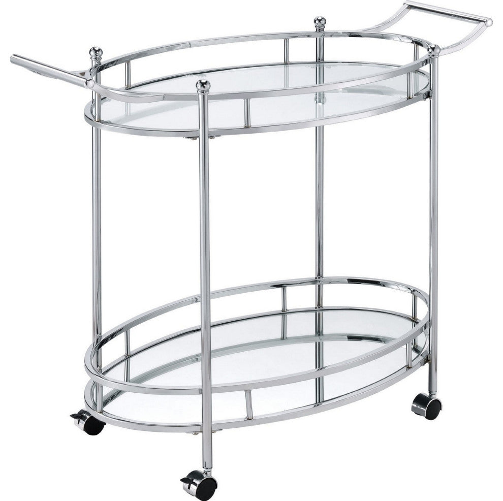 Benzara BM250318 Serving Cart With Tubular Frame/2 Tier Glass Shelves, Chrome