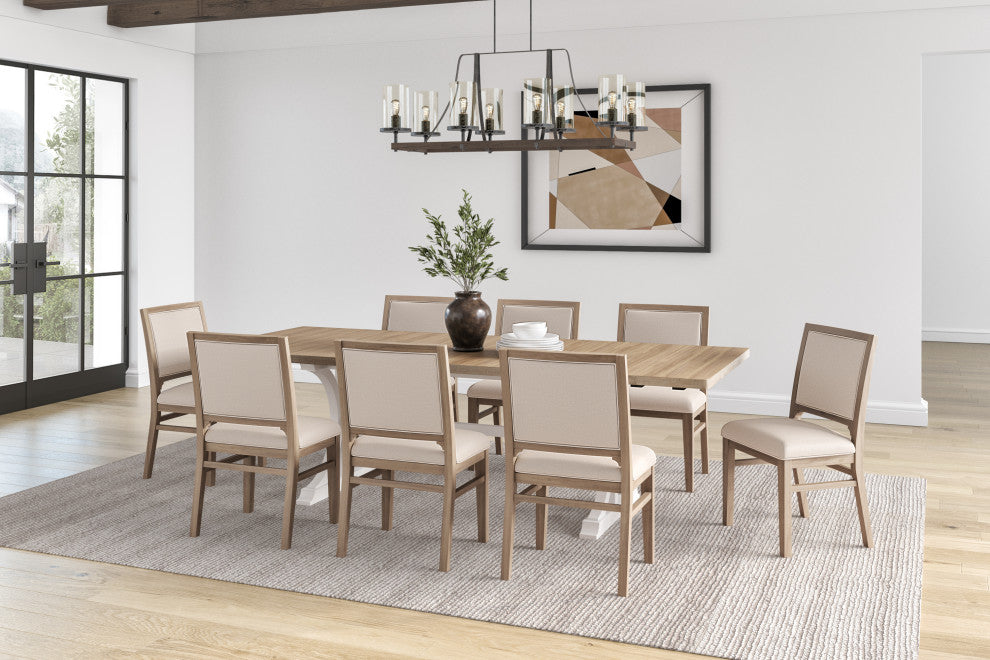 Modern Wood Rectangular Trestle Base Kitchen Table and 8 Chairs, Brown
