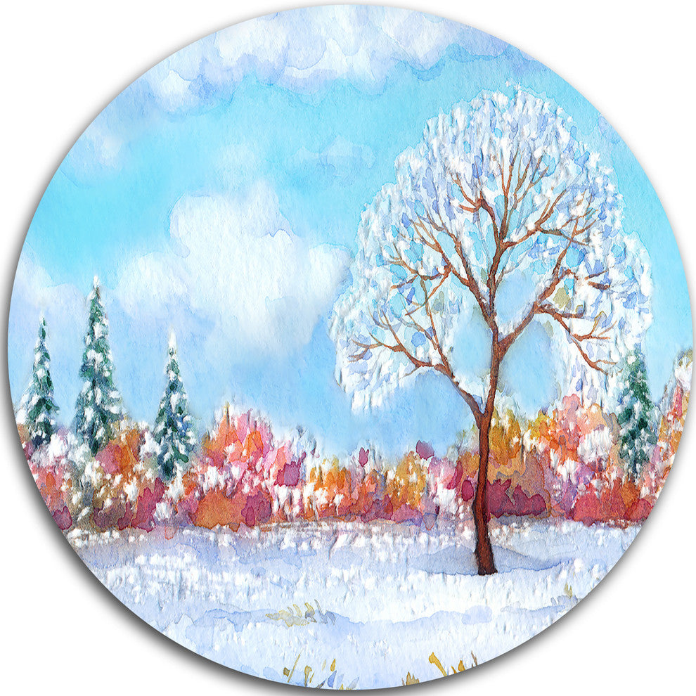 Tree In Winter, Watercolor Painting Landscape Disc Metal Wall Art, 23"