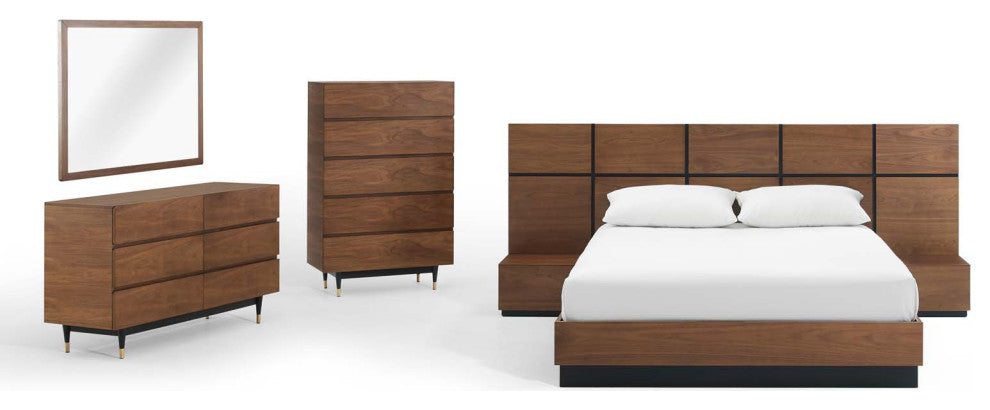 Queen Bed Dresser Chest Nightstand Set, Wood, Brown Walnut, Modern Room