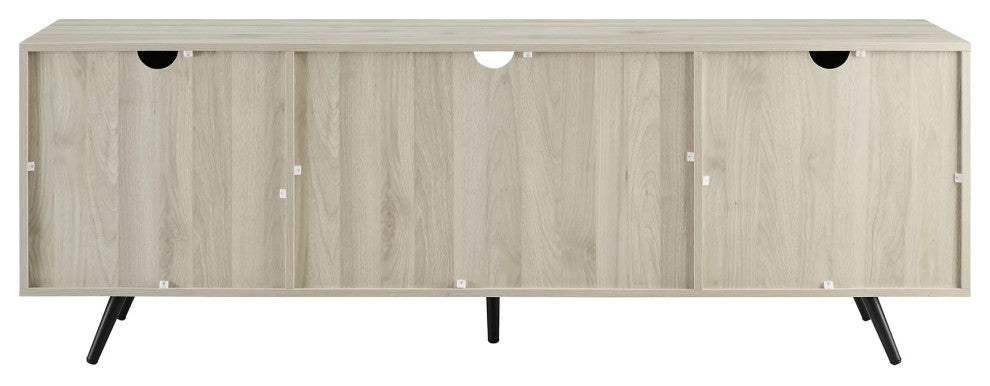 Retro Modern TV Stand, Angled Legs With Side Cabinets & Glass Shelf, Birch