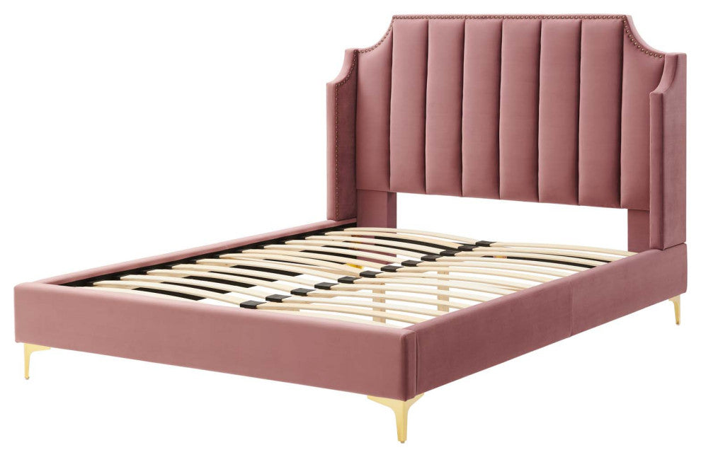 Platform Bed Frame, Queen Size, Velvet, Pink, Modern Contemporary, Bedroom