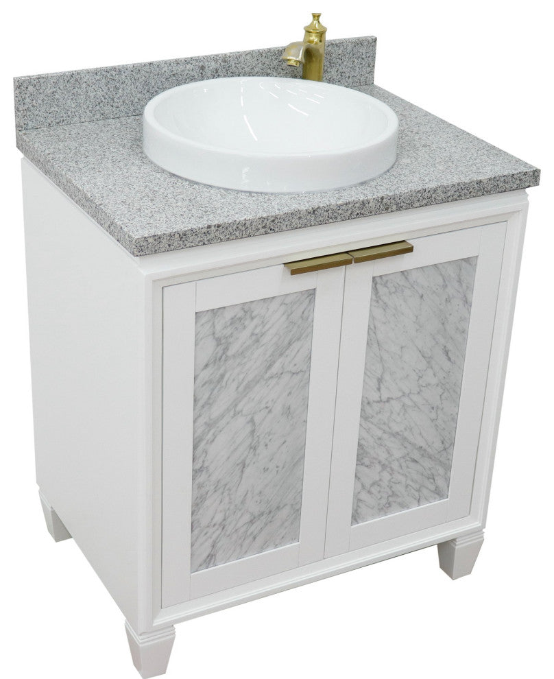 31" Single Sink Vanity, White Finish With Gray Granite With Round Sink