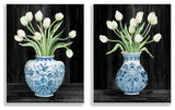 White Tulips Chinese Ceramic Urn Patterned Porcelain, 2pc, each 10 x 15