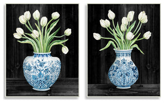 White Tulips Chinese Ceramic Urn Patterned Porcelain, 2pc, each 10 x 15