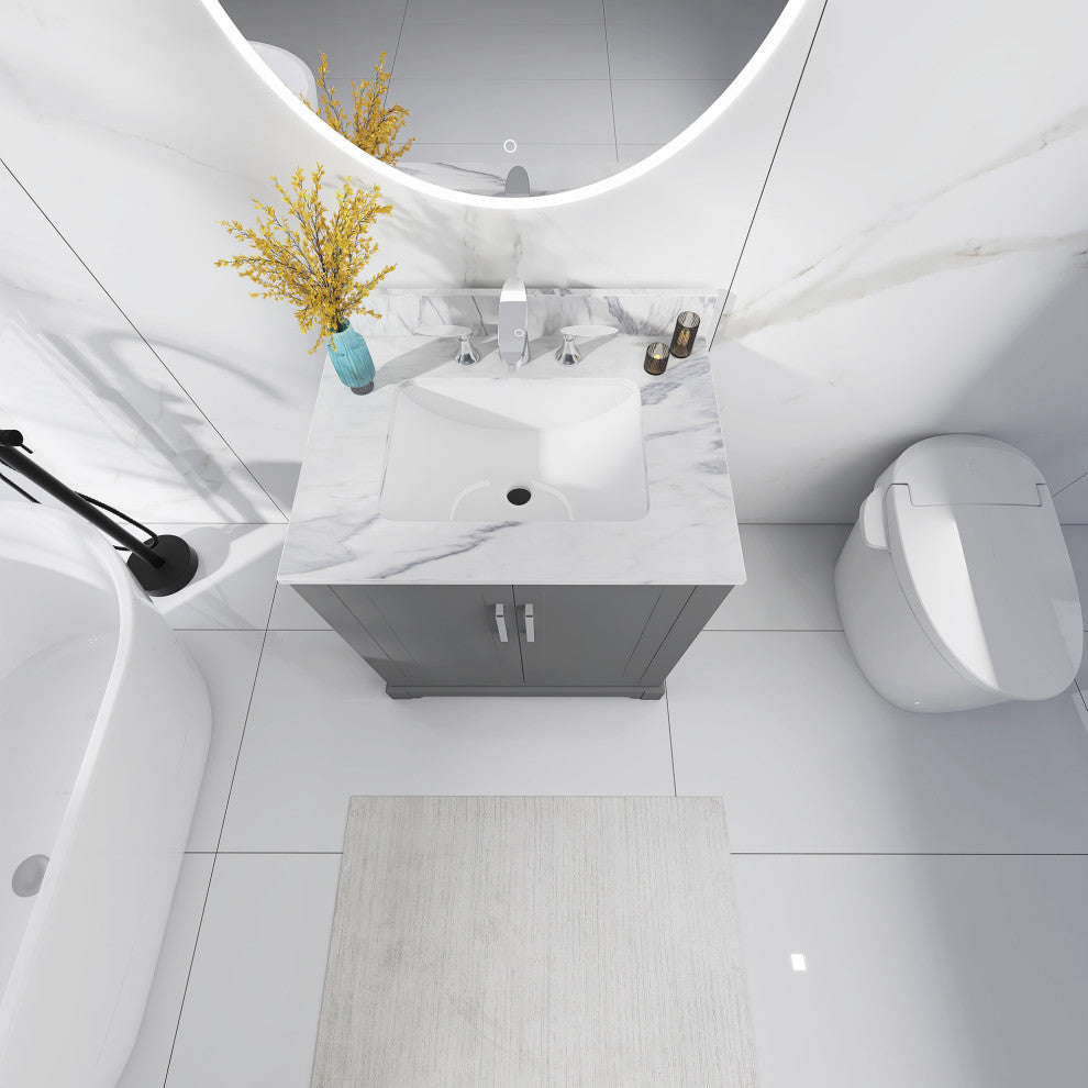 30" W x 22" D x 33" H Bath Vanity, Grey With Carrara White Marble