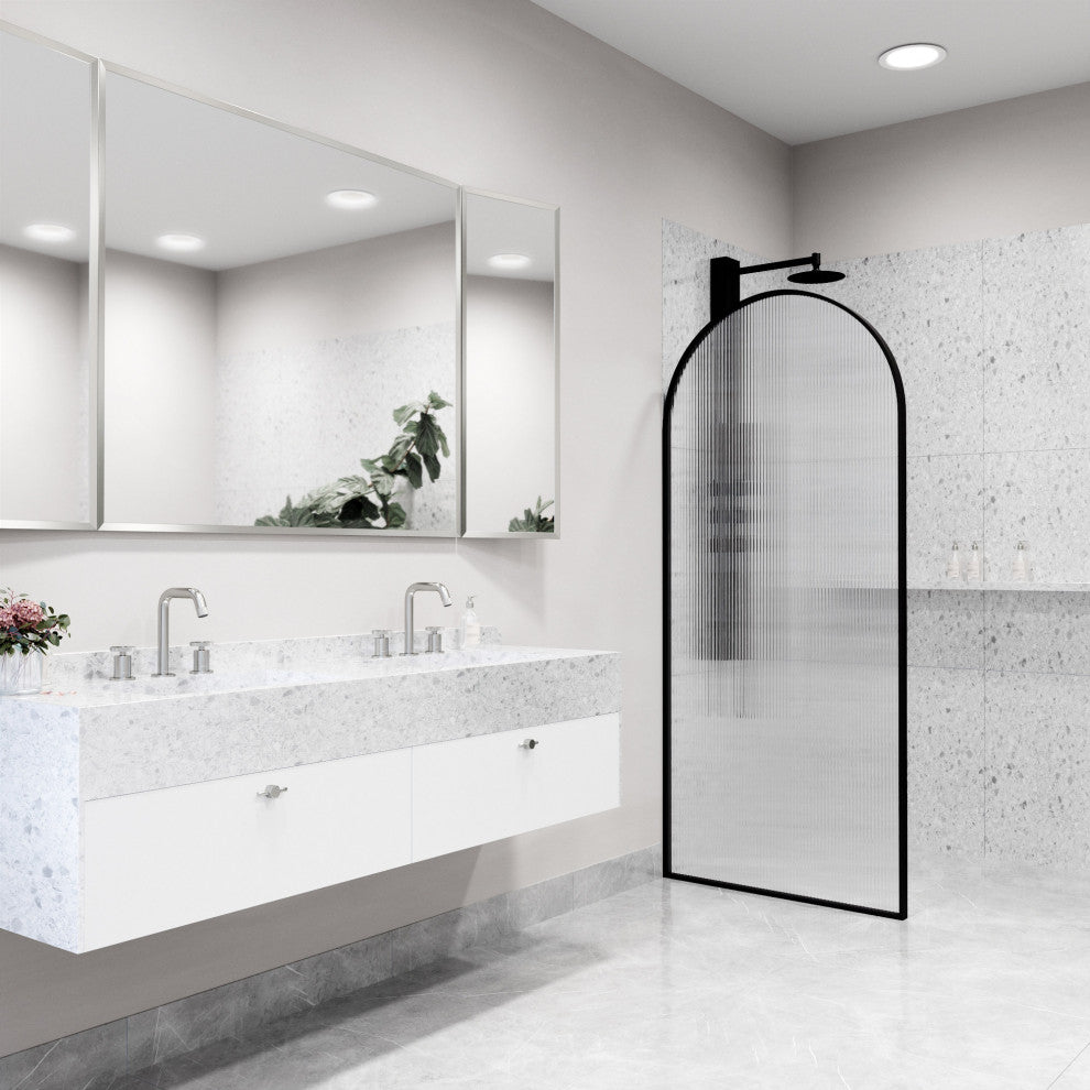 VIGO Arden 34" W x 78" H Framed Fixed Shower Screen, Matte Black, Fluted Glass