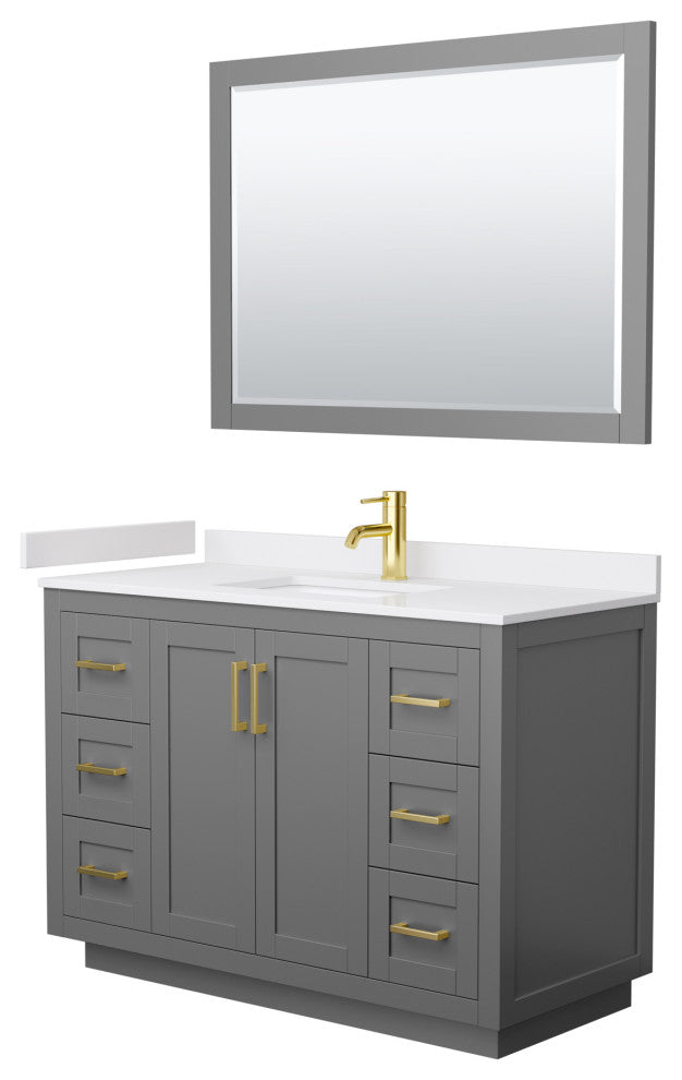 48"SGL Vanity Dark Gray, White Cult. Marble Top, Sink, Gold Trim, 46"Mirror