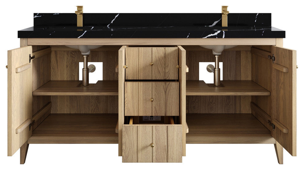 Atlanta Oak 72" Double Sink Bath Vanity, White 2" Calacatta Black