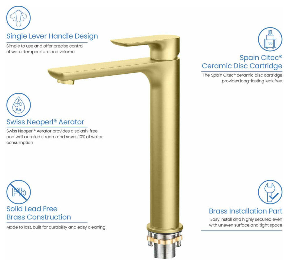 Tender-T Single Handle Bathroom Vessel Sink Faucet, Brushed Gold