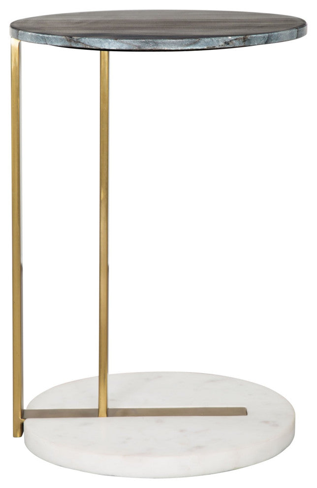 Sofa Side Table, Round, Artificial Marble, Iron Metal, Gray, Gold, White