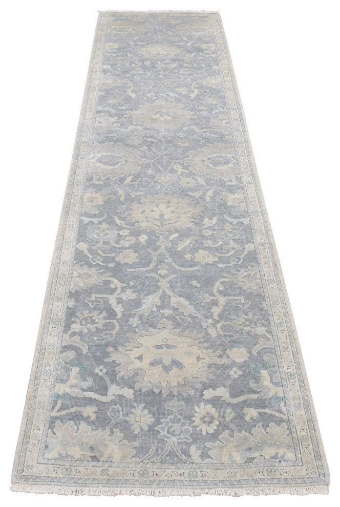 Ash Gray, Oushak Influence Silk With Wool Hand Knotted Runner Rug, 2'6"x10'2"