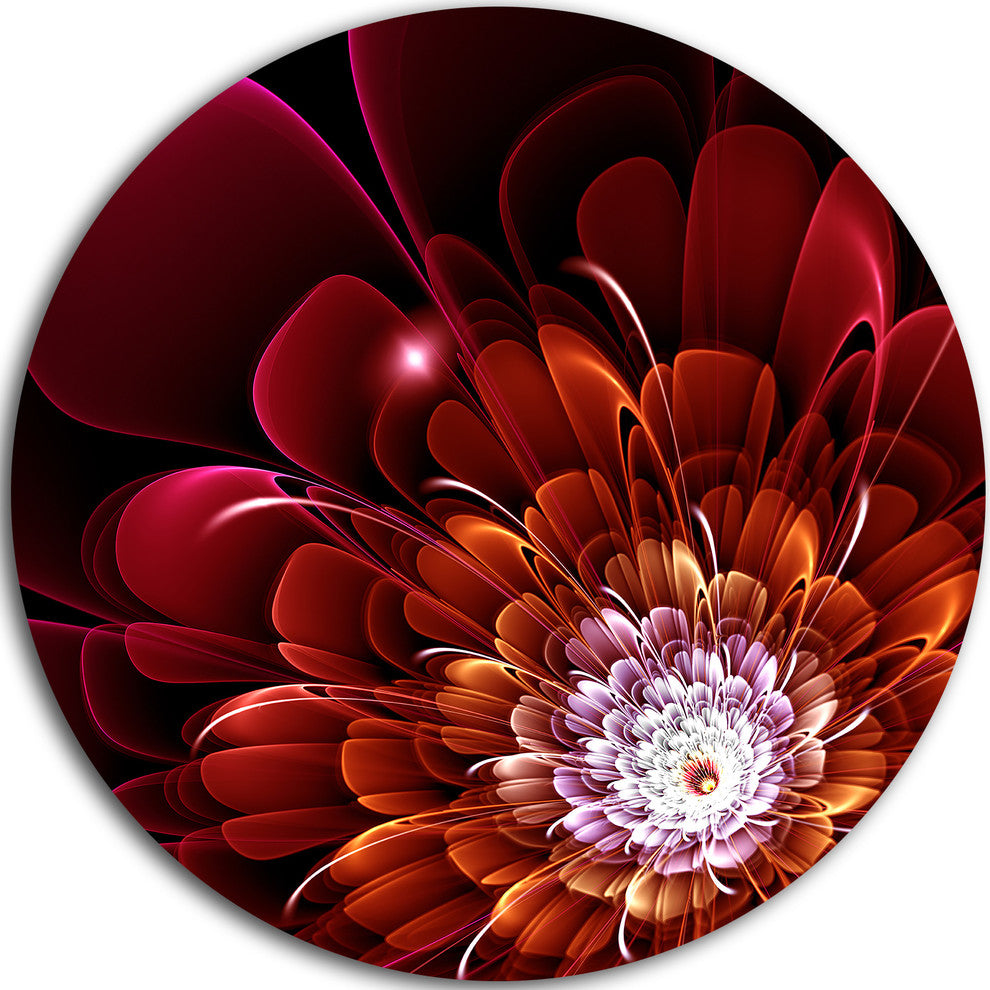 Fractal Red And Yellow Flower, Floral Digital Round Metal Wall Art, 11"
