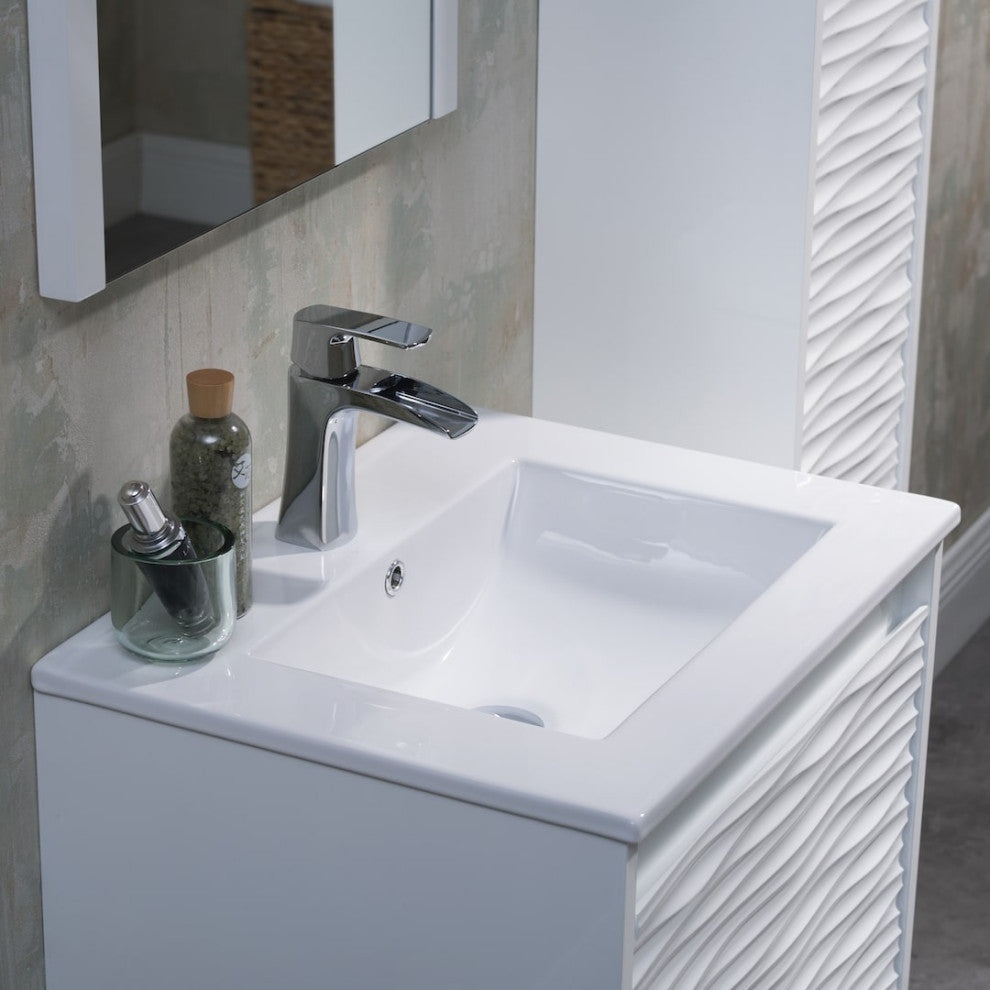 Floating Bathroom Vanity Set, Glossy White, 24" With Sink, Mirror & Side Cabinet
