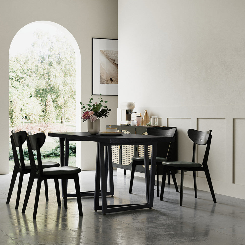 63" Rectangular Dining Table Black Solid Wood Table Top Square Metal Base, Black